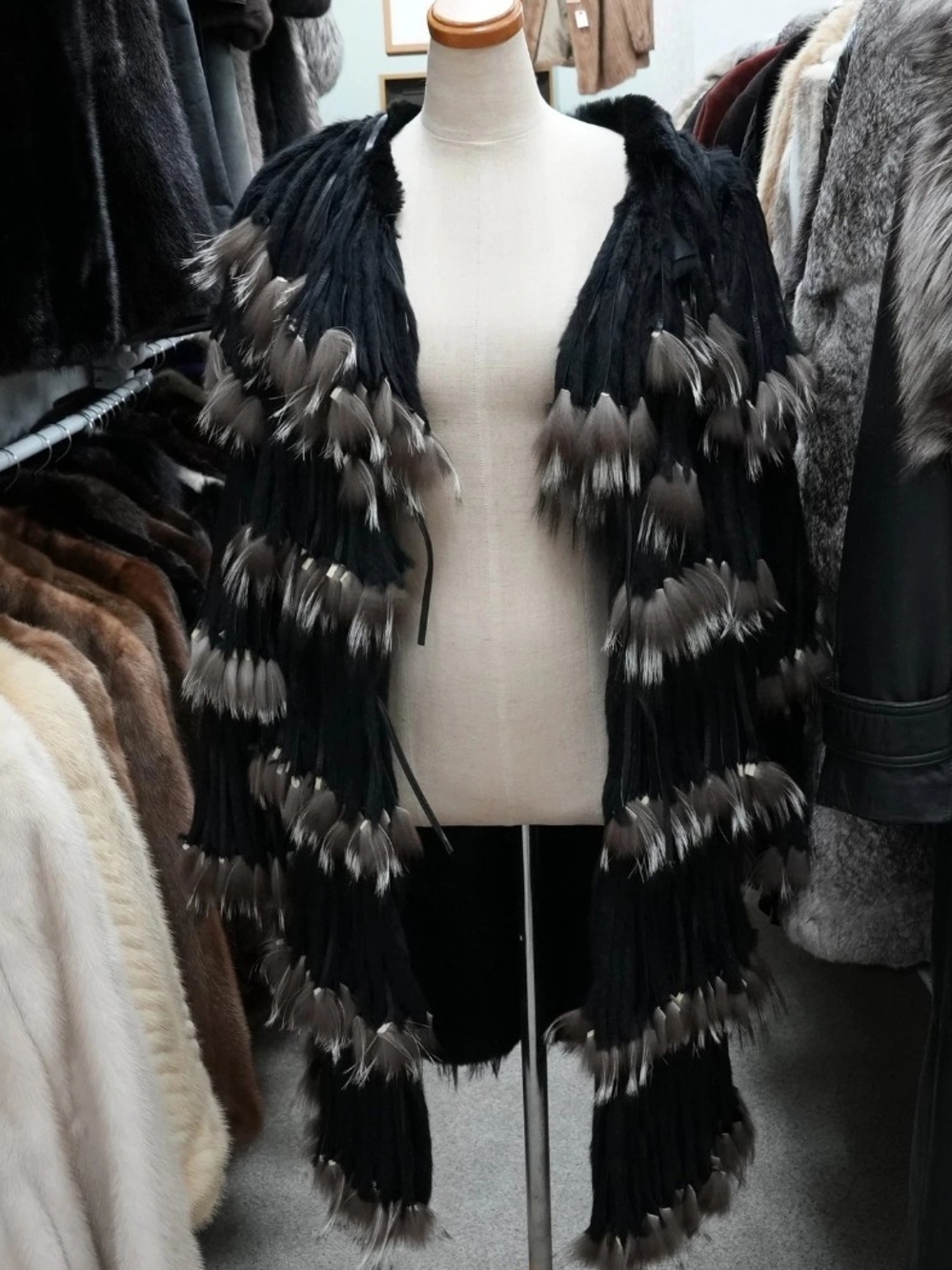 Black Feather-Trim Rabbit and Silver Fox fur coat